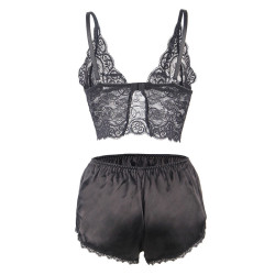 Subblime - 953911 Chemisier De Nuit En Soie Et Dentelle + Culotte Noire S/M